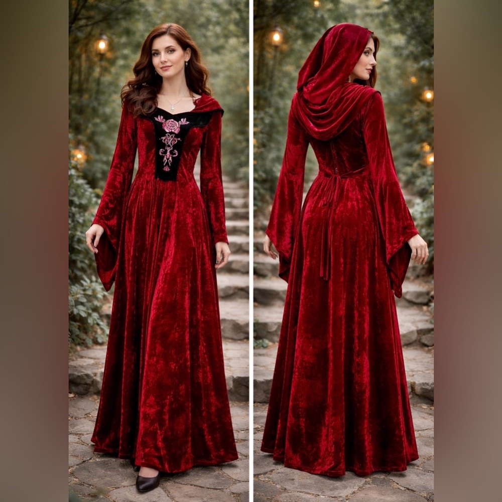 Vintage- Spirit Red and Black Long Sleeve, hooded velvet dress:costume -M:L - Picture 1 of 7